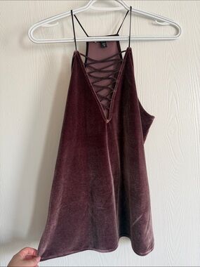 Express Velvet Lace-Up Back Tank Top in Deep Burgundy